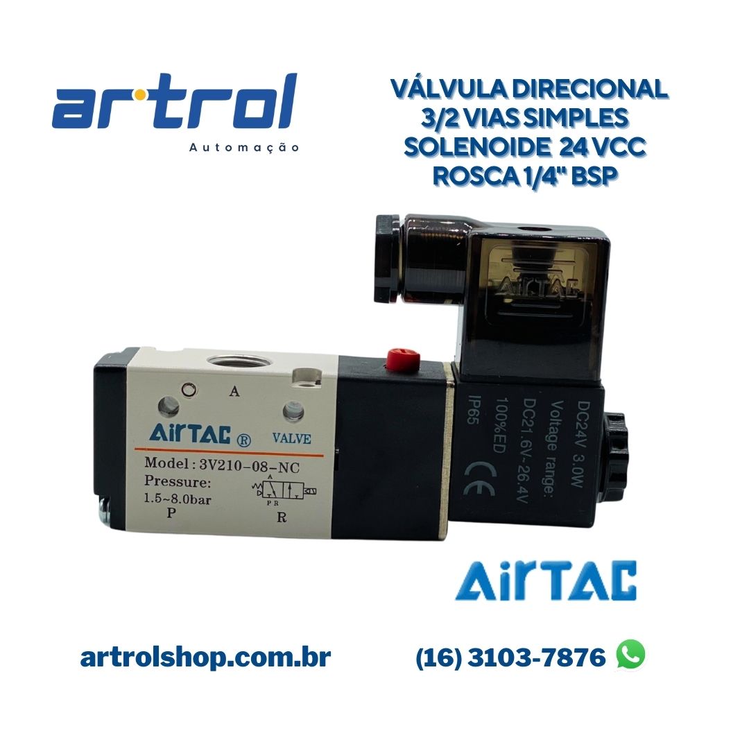 Válvula simples solenoide 3 vias 1/4